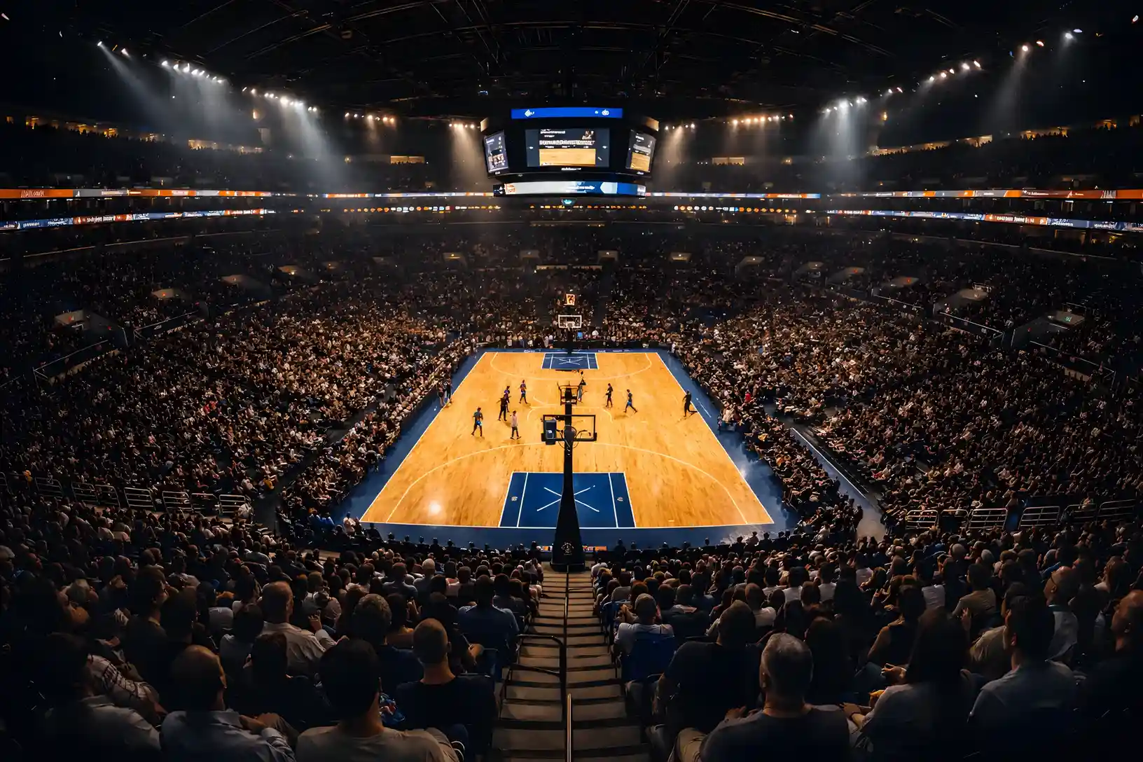 Πανοραμική άποψη γεμάτου γηπέδου μπάσκετ κατά τη διάρκεια αγώνα με φωτισμό αρένας