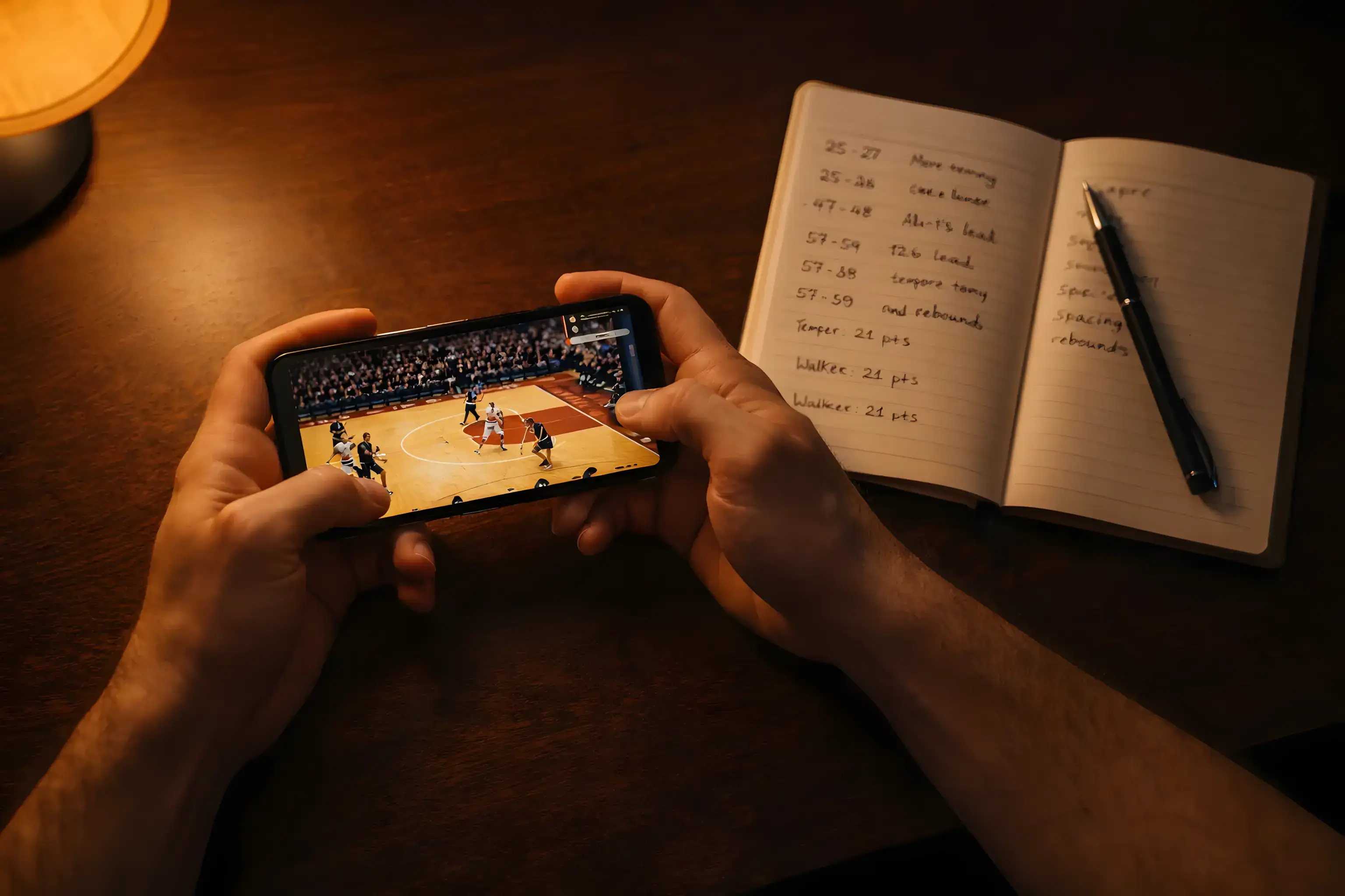 Χέρια ανθρώπου που παρακολουθεί αγώνα μπάσκετ σε οθόνη κινητού με σημειωματάριο δίπλα