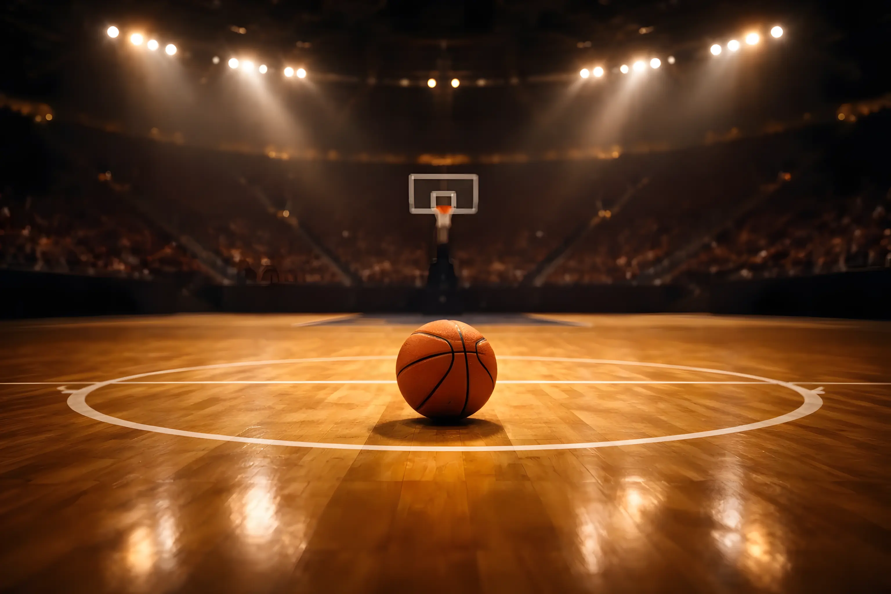 Γήπεδο μπάσκετ φωτισμένο τη νύχτα με θερμό φωτισμό και μπάλα στο κέντρο του παρκέ