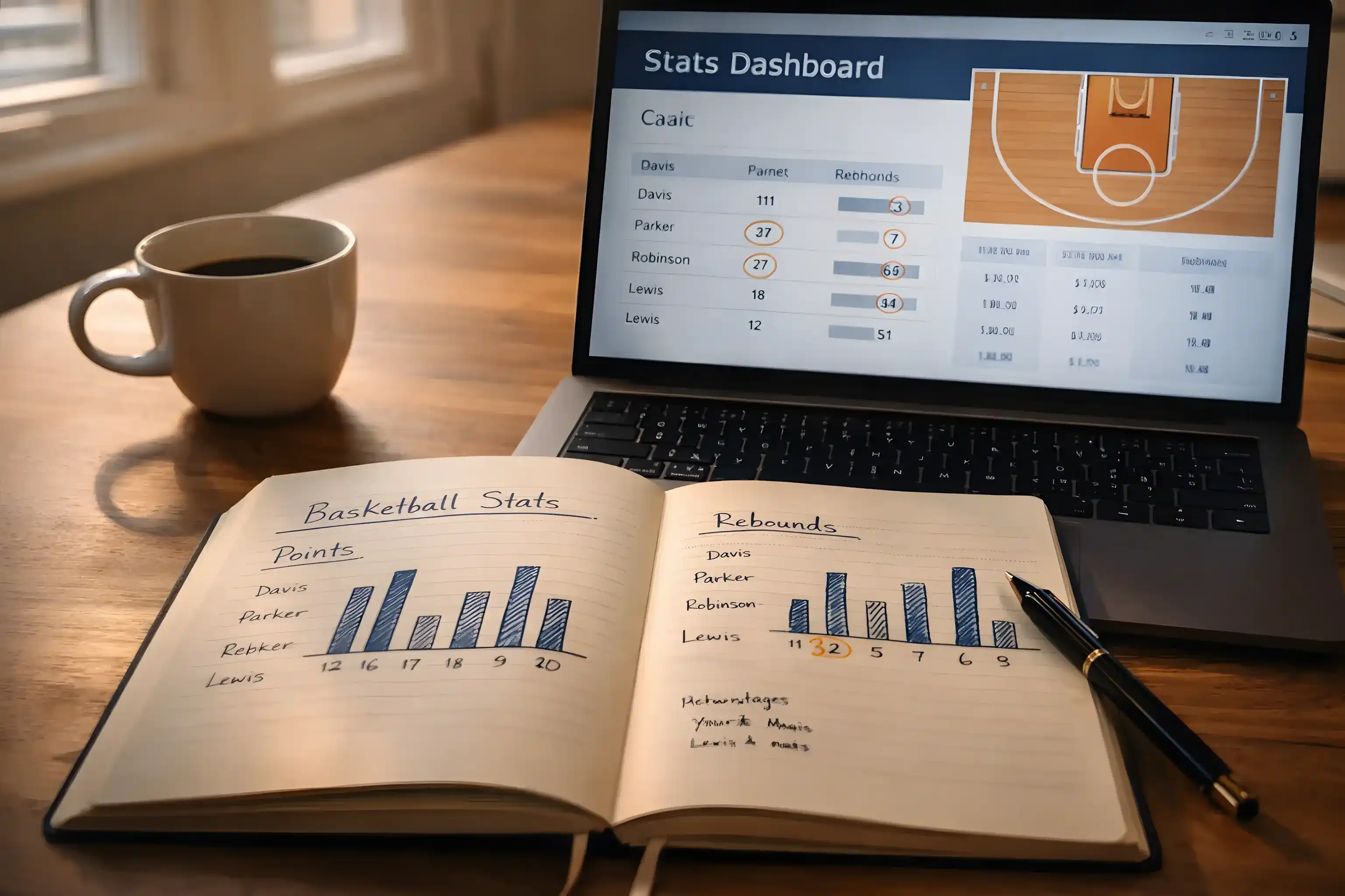 Σημειωματάριο με αναλυτικές σημειώσεις στατιστικών μπάσκετ δίπλα σε λάπτοπ σε γραφείο