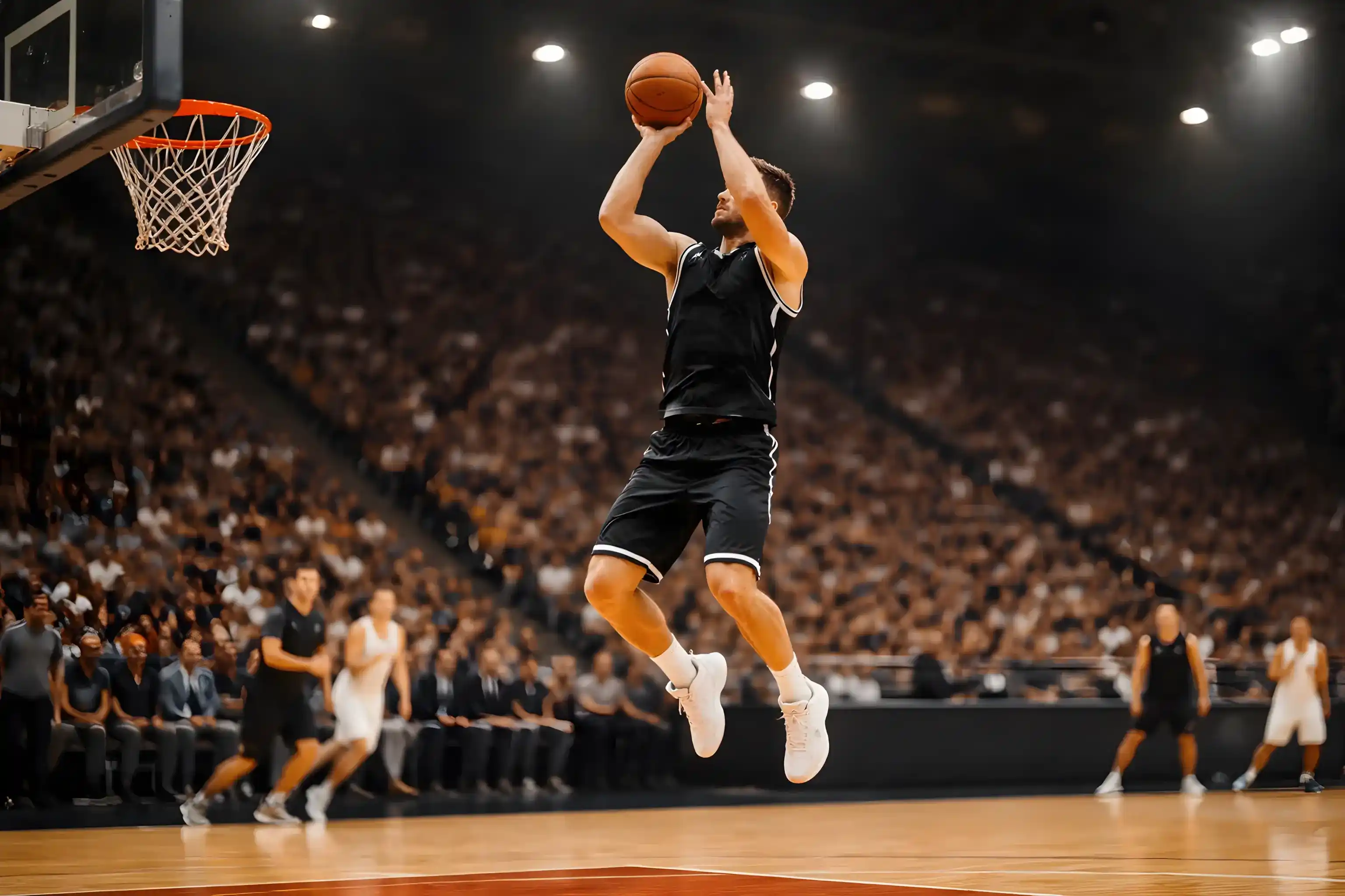 Παίκτης μπάσκετ σε φάση σουτ κοντά στη ρακέτα σε αγώνα εντός γηπέδου με ξύλινο παρκέ